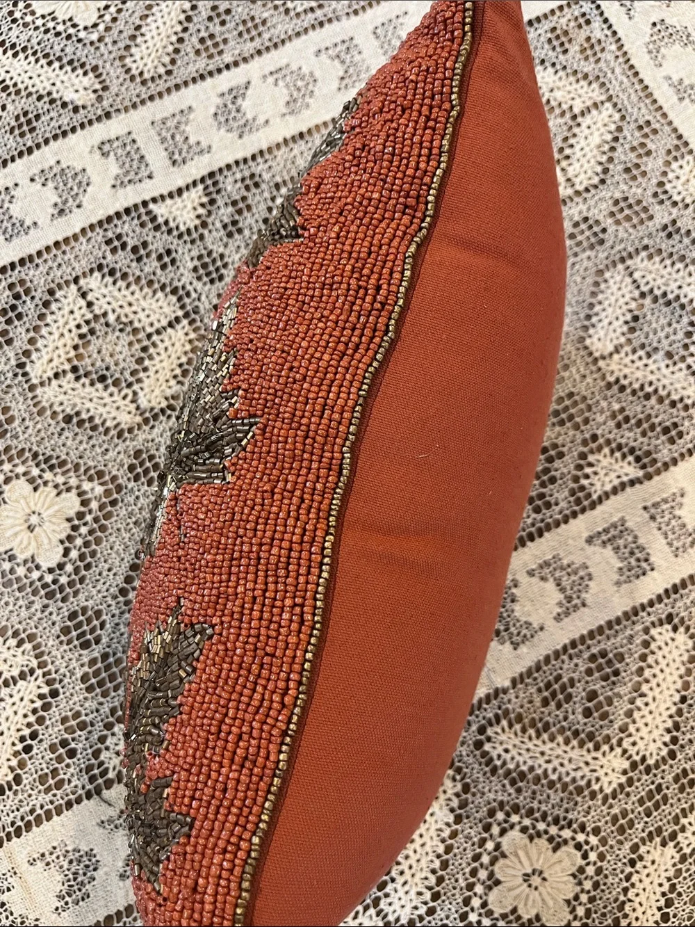 Autumn Hill Orange with Gold Leaves Ornate Beaded Accent Pillow Fall Decor